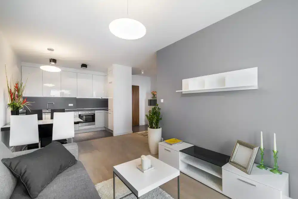 Minimalistický obývací pokoj spojený s kuchyní, šedé a bílé barvy s čistými liniemi.