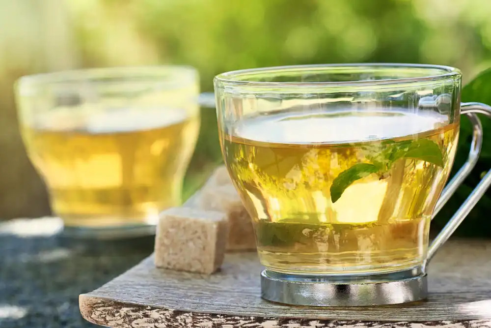 Šálek zeleného čaje, který je známý pro své metabolismus podporující vlastnosti.